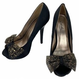 QUPID Black & Gold Bow Stiletto Peep Toe Heels